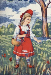 Rödluvan har blommor. Illustration till "" Den lilla rödluvan", berättelse av Charles Perrault (1628-1703), fransk författare. Anonym illustration. Bildmaterial Marcel Vagne, Jarville Nancy, odaterat (slutet av 1800-talet).
