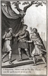 Den romerske kejsaren Julianus (Flavius Claudius Julianus, Julianus avfällingen, Julianus filosofen, Julianus II) (332-363) ger tillbaka till kungen av det germanska folket i Chamaves sin son som han trodde att han hade förlorat. 4:e århundradet. Gravyr i 