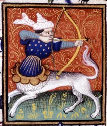 Skytten. Miniatyr av ett horoskop. 1400-talsmanuskript. Bibl. Trivulziana, Milano.