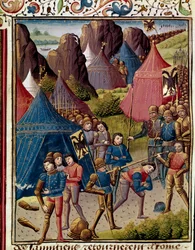 Samniterna går till romarnas miniatyr från "" Roman History"" (Ad urbe condita) av Tite Live (59 f.Kr.-17 e.Kr.) (Titus Livius), översatt av Pierre Bressuire (ms. 310) 1450-1500 Chantilly, Musee Conde