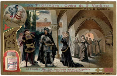 Save Act II-scenen 7. Illustration till operan "" Fyndet"" (Il trovatore) av Giuseppe Verdi (1813-1901). Kromolitografi (Chromo) Liebig från slutet av 1800-talet.