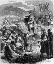 Sachsarnas underkastelse 785 - Galliens historia under medeltiden: sachsarna i Germanien knäböjer inför kung Karl den Store (742 - 814) vinnare av krigen - Gravyr i "Histoire De France En Hundred Paintings av Paul Lehugeur" 1891