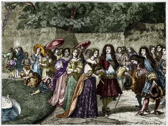 Solkungen (Louis XIV i Versailles trädgårdar omger hans innergård). Gravyr av 1800-talet.