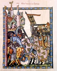 Den schweiziske poeten och riddaren Graf Werner von Homberg (1284-1320) i kejsar Henrik VII:s tjänst belägrade ett fäste som försvarades av Angevine-trupperna på Sicilien. Miniatyr av Codex "Manesse", eller "Manessesche Liederhandschrift", som är ett manus