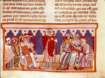 Läran om miniatyrlag från "The Facts of the Romans"" som berättar om den tolv Cesars liv. 1200-talets Venedig, biblioteca Marciana