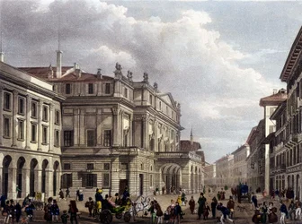 Teatro alla Scala i Milano i början av 1800-talet. Gravyr av perioden. Museo della Scala de Milan