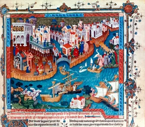 Den venetianske upptäcktsresanden Marco Polo lämnade staden Venedig med sin far och farbror 1271: han begav sig till Fjärran Östern och tog Silk Road, miniatyr