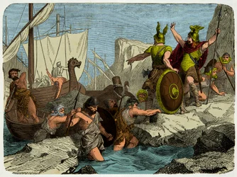 Vikingarna går i land på den franska kusten 911, gravyr 1800-talet