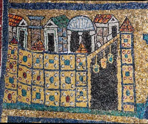 Visionen om det himmelska Jerusalem: detalj av Jerusalem representerad i befäst citat. Mosaik omkring 830. Triumfbåge av basilikan Santa Prassede, Rom