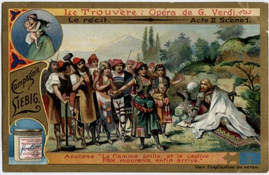 Akt II scen 1.Illustration till operan "" Fyndet"" (Il trovatore) av Giuseppe Verdi (1813-1901). Kromolitografi (Chromo) Liebig från slutet av 1800-talet.
