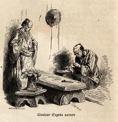 Efter naturmejslaren. Gravyr för att illustrera resan till Japan 1863-1864, av Aime Humbert, minister för Schweiziska edsförbundet, i "Le tour du monde, nouveau journal des voyages", publicerad under ledning av Edouard Charton