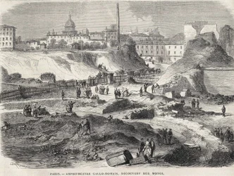 Amfiteatern Gallo Romain upptäckte vid Rue Monge i Paris 1870, idag Arenes de Lutèce. Gravyr av 1800-talet.