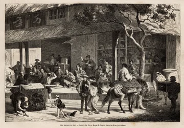Animationen av ett hus och gatans aktiviteter. Gravyr för att illustrera resan till Japan, 1863-1864, av Aime Humbert, minister för Schweiziska edsförbundet, i "" Le tour du monde, nouveau journal des voyages"" publicerad under ledning