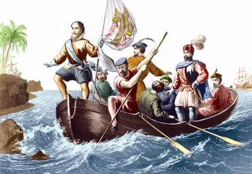 Christopher Columbus ankomst till San Salvador den 12/10/1492. Gravyr v. 1876.