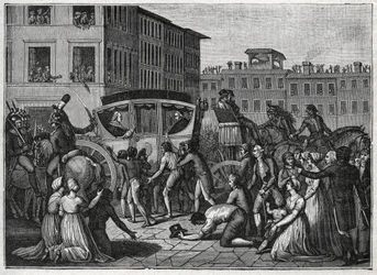 Påven Pius VIs (Giovanni Angelo Braschi dit Pius VI, PIO 1717-1799) ankomst till Grenoble 1799. Gravyr från 1800.