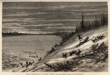 Ankomsten av passagerare med hundspann vid Yukonfloden (extrema norra Kanada) fryser helt. Gravyr för att illustrera resan och äventyren i engelska Colombia, Vancouver Island och Alaska, av Frederick Whymper