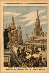 Kortegens ankomst till Röda torget (Moskva) med anledning av kröningen av tsar Nikolaj II (1868-1918). Gravyr i "Le Petit Journal", 31/05/1896. Selvas samling.