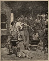 Glaskonsten: erfarenhet av bataviska tårar. Droppar av smält glas släpps i ett kallvattenbad, som fryser i form av tårar. Gravyr från 1885 i "" Les arts et metiers illustres"" av Adolphe BITARD.