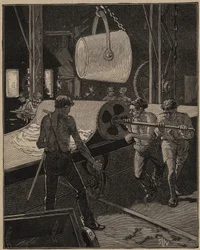 Glaskonsten: att göra glass. Steg som kallas "det stora flödet". Gravyr från 1885 i "" Les arts et metiers illustres"" av Adolphe BITARD.