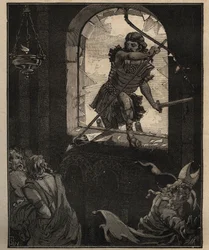 Glaskonsten: målade glasmålade fönster. Theodorics soldater krossar ett målat glasfönster för att komma in i kyrkan Brioude (Haute Loire) år 521. Gravyr från 1885 i "" Les arts et metiers illustres"" av Adolphe BITARD.
