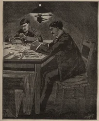 The art of lapidary: gravering av camee shell (camee-shell). Gravyr från 1885 i "" Les arts et metiers illustres"" av Adolphe BITARD.
