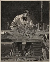 Konsten att svarv: fasonering av en bålpelare. Gravyr från 1885 i "" Les arts et metiers illustres"" av Adolphe BITARD.
