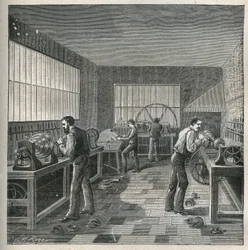 Konsten att svarv: metallarbete i en verkstad av en vändare-repeller. Gravyr från 1885 i "" Les arts et metiers illustres"" av Adolphe BITARD.