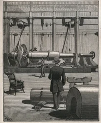Konsten att resa: skjuta en monsterkanon av stål. Gravyr från 1885 i "" Les arts et metiers illustres"" av Adolphe BITARD.
