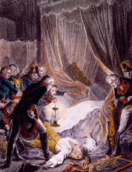 Mordet på Paul I Petrovitj (1754-1801), rysk tsar, i hans rum i S:t Mikael-palatset efter att han tvingats underteckna sin abdikation. Gravyr omkring 1801. Privat samling