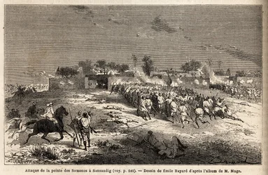 Attacken mot Sansandig av kung Ahmadou (Toucouleur), dit flydde Bambara tog sin tillflykt. Gravyr för att illustrera resan till västra Sudan av löjtnant (marinen) M. Mage, 1863-1866, publicerad i "Le tour du monde, nouveau journal des voyages", u