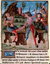 Spelets dåliga följder, stölden och striden. Två spelare hotar varandra med sina vapen. Miniatyr ur "Boken om goda seder" av Jacques Legrand (1360-1415/1418), tillägnad Jean, hertig av Berry