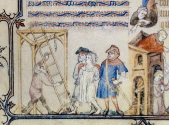 "Balladen om de hängda". Miniatyr som illustrerar dikten av Francois de Moncorbier dit Villon (1431/1432-1463). 1400-talet (miniatyr)