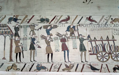 Striden mellan de engelska infanteristerna (Harolds trupper) och normanderna till häst (Guillaumes trupper) - Bayeuxtapet, känd som Broderi av drottning Mathilde