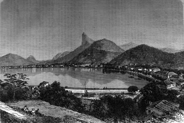 Rio de Janeirobukten i Brasilien. I bakgrunden "Sockerbröd". Gravyr i "" Le Journal de la jeunesse""
