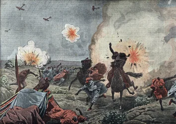 Början av krigsflyget: den franska arméns militära flygare skingrar med bomber rebellerna Riata runt Taza i Marocko, juli 1914 (början av krigsflyget och tidiga bombinsatser, fransk flygare bombar marockanska rebeller i området