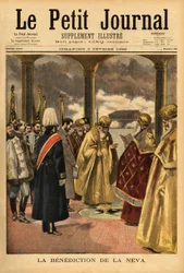 Nevas välsignelse, en rysk tradition som äger rum i St. Petersburg varje år under uppenbarelsen. Gravyr i "" Le petit journal"" 1895-02-03. Selvas samling.