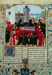 Kroppen av den avlidne kung Karl VI (1368-1422) bärs bort, bakom processionen den nye kung Karl VII (1403-1461) miniatyren 22/10/1422 från manuskriptet "" Chronicles of Charles VII"" (Ms. . fr. 2691) av Jean Chartier