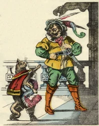Stövelkatten möter ogren. Illustration av berättelsen "The cat botte" av Charles Perrault