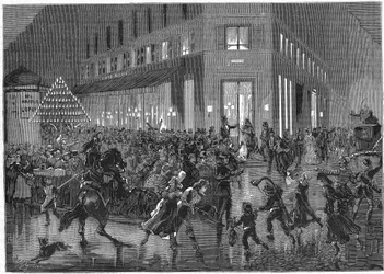 Italienarnas boulevard i Paris en kväll med Bal på operan. gravyr från 1873