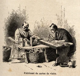 Visitkortstillverkaren. Gravyr för att illustrera resan till Japan 1863-1864, av Aime Humbert, minister för Schweiziska edsförbundet, i "Le tour du monde, nouveau journal des voyages", publicerad under ledning av Edouard Charton