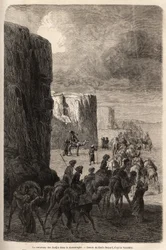 Karavanen för Hajis (muslimska peleriner) i Korantaghi (Persien, Iran). Teckning av Emile Bayard (1837-1891), för att illustrera resan till Centralasien, 1863, av Arminius Vambery (ungersk vetenskapsman förklädd i dervisch). Gravyr i "" Le tour du mond