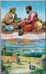 Mattan njuter. Prins Ahmeds historia och avgiften Paris-Banou (Pari Banou) (Paribanu). Saga om 1001 nätter (sagor om tusen och en natt). Kromolitografi från slutet av 1800-talet.