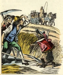 Katten tvingar bönderna att säga att fältet där de klipper vetet tillhör markisen de Carabas. Illustration av berättelsen "The cat botte" av Charles Perrault
