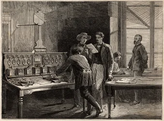 Centraltelegrafstationen vid Creusotfabriken. Gravyr för att illustrera en resa till Creusot och gruvorna i Saone och Loire, 1865, av L. Simonin, i "" Le tour du monde, nouveau journal des voyages"" publicerad under ledning av Edouard C