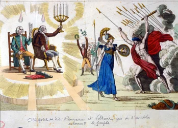 Upplysningens århundrade: filosoferna Jean Jacques Rousseau och Voltaire upplyser folket - allegori från det förflutna till nutiden
