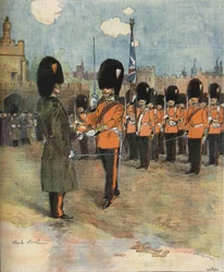 Vaktbytet vid Buckingham Palace i London 1893. Illustration av M.C. Murkla. Bianchetti samling.