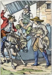 Barnen till föraren, som just dog, delar hans egendom: åsna, kvarn och katt. Illustration av berättelsen "The cat botte" av Charles Perrault