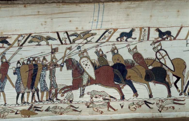 Erövringen av England av hertigen av Normandie Vilhelm Erövraren (1027-1087) 1066: scen för slaget vid Hastings där det normandiska infanteriet ställs mot det sachsiska kavalleriet. Detalj av gobelängen av Bayeux eller broderi av drottning Mathilde