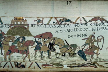 Erövringen av Bretagne av armén av hertigen av Normandie Vilhelm Erövraren (1027-1087): korsningen av Riviere du Couesnon på höjden av Mont Saint Michel, män och hästar sjunker ner i den rörliga sanden. Detalj av Tapeten av Bayeux eller Embro
