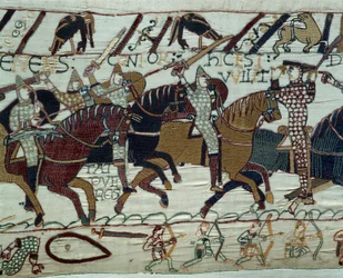 Englands erövring av armén av hertigen av Normandie Vilhelm Erövraren (1027-1087): Hertig Guillaume erkänns av sina soldater genom att lyfta sin hjälm under slaget vid Hastings. Detail of the Tapestry of Bayeux eller Broderi av drottning Mathild